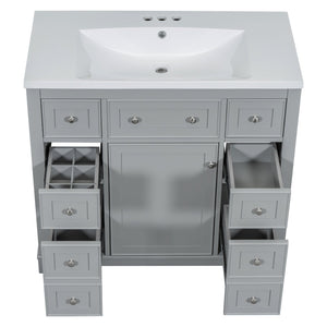 English Elm 36" Modern Bathroom Vanity with Ceramic Sink, Solid Wood & MDF Build, Six Drawers + Cabinet, Durable Finish and Adjustable Shelf for Organized Storage Grey SY999404AAE-6