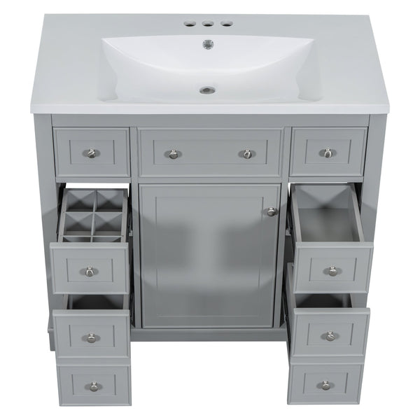 English Elm 36" Modern Bathroom Vanity with Ceramic Sink, Solid Wood & MDF Build, Six Drawers + Cabinet, Durable Finish and Adjustable Shelf for Organized Storage Grey SY999404AAE-6