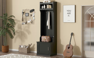 English Elm On-trend Slim Hall Tree Entryway Bench with Cabinet Six Hooks Matte Foyer Storage Black N721P249243B