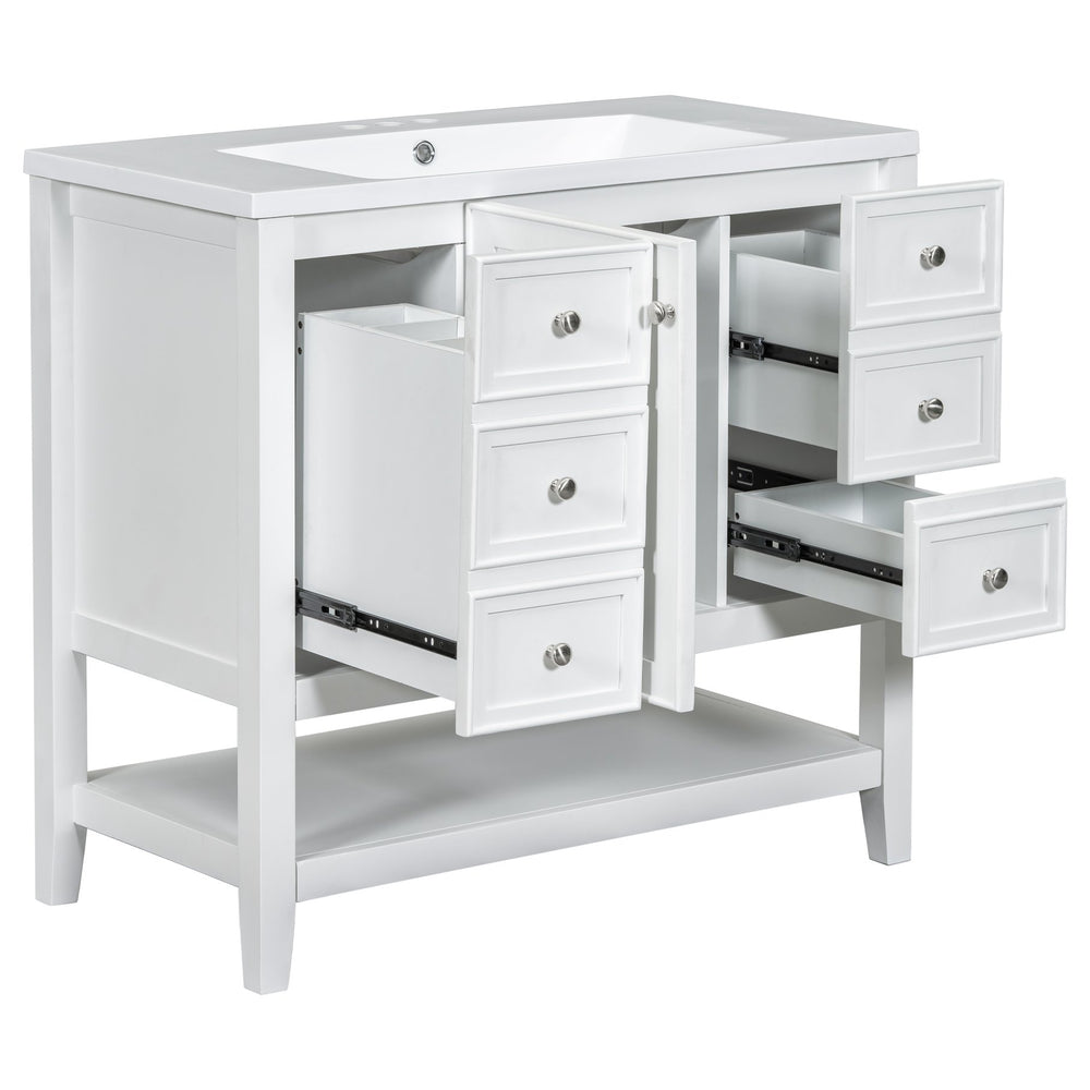English Elm 36" Bathroom Vanity With Center Sink, Solid Wood & Mdf, 3 Drawers, Elegant White Finish, Modern Style N725P246500K
