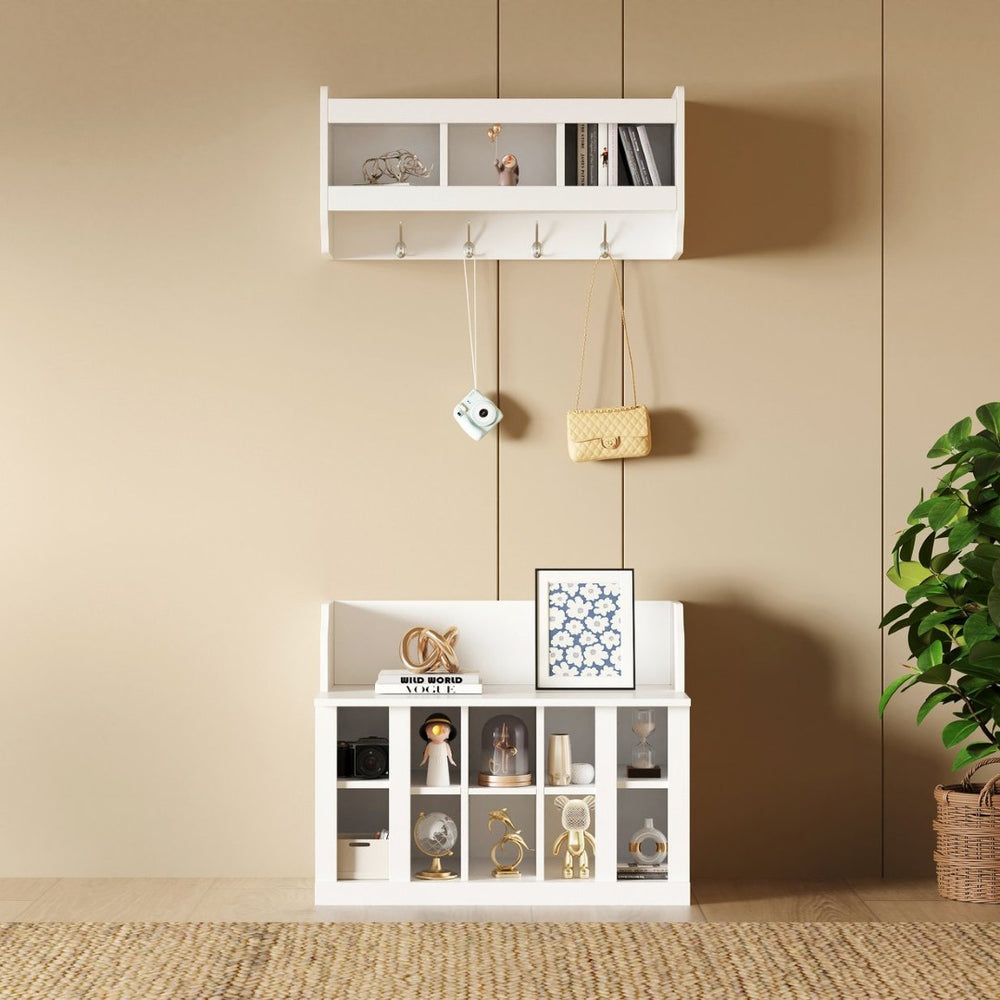 English Elm On-trend Two-piece White Hall Tree with Bench Ten Shoe Cubbies and Cabinet WF313576AAK