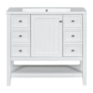 English Elm 36" Bathroom Vanity With Center Sink, Solid Wood & Mdf, 3 Drawers, Elegant White Finish, Modern Style N725P246500K