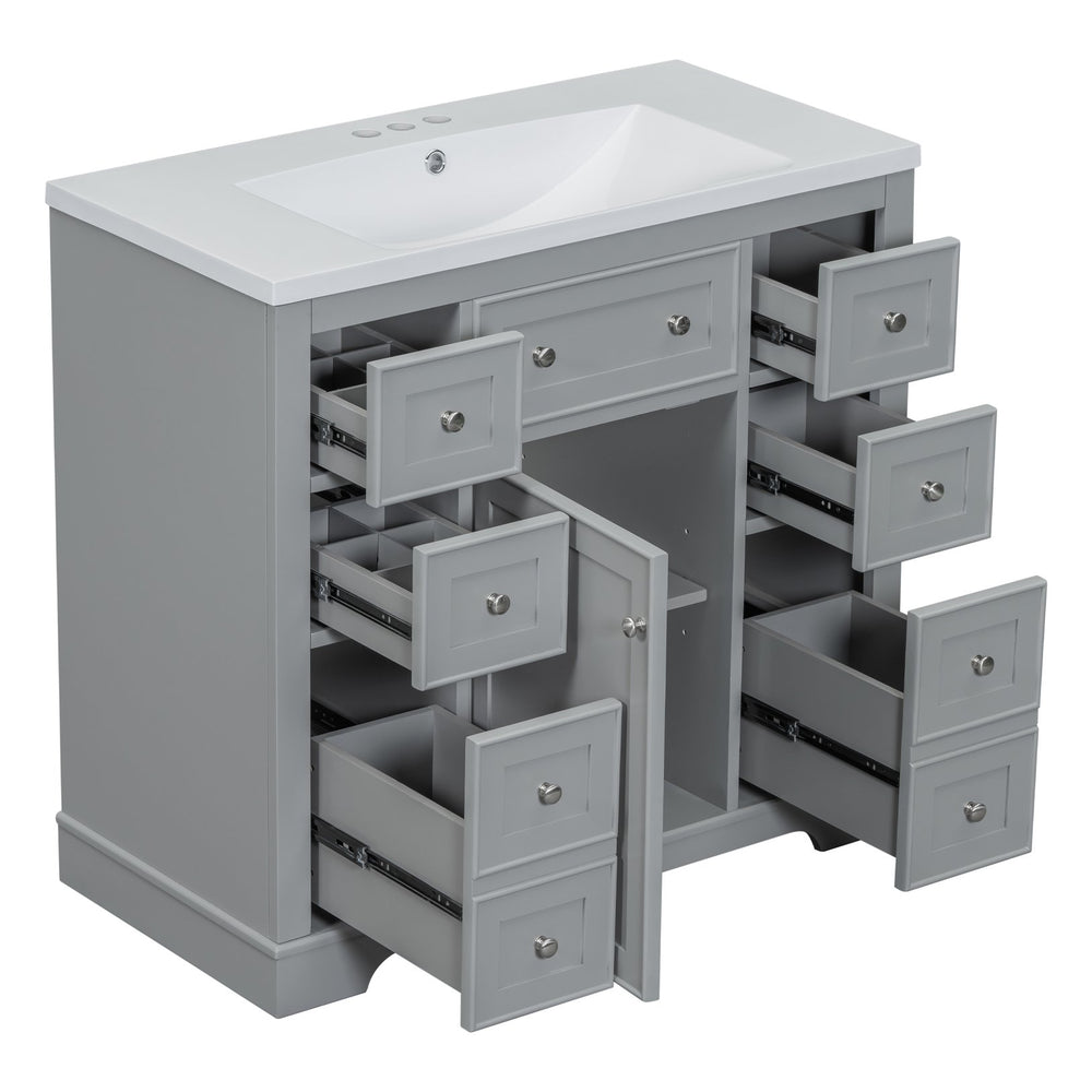 English Elm 36" Modern Bathroom Vanity with Ceramic Sink, Solid Wood & MDF Build, Six Drawers + Cabinet, Durable Finish and Adjustable Shelf for Organized Storage Grey SY999404AAE-6