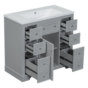 English Elm 36" Modern Bathroom Vanity with Ceramic Sink, Solid Wood & MDF Build, Six Drawers + Cabinet, Durable Finish and Adjustable Shelf for Organized Storage Grey SY999404AAE-6