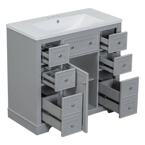 English Elm 36" Modern Bathroom Vanity with Ceramic Sink, Solid Wood & MDF Build, Six Drawers + Cabinet, Durable Finish and Adjustable Shelf for Organized Storage Grey SY999404AAE-6