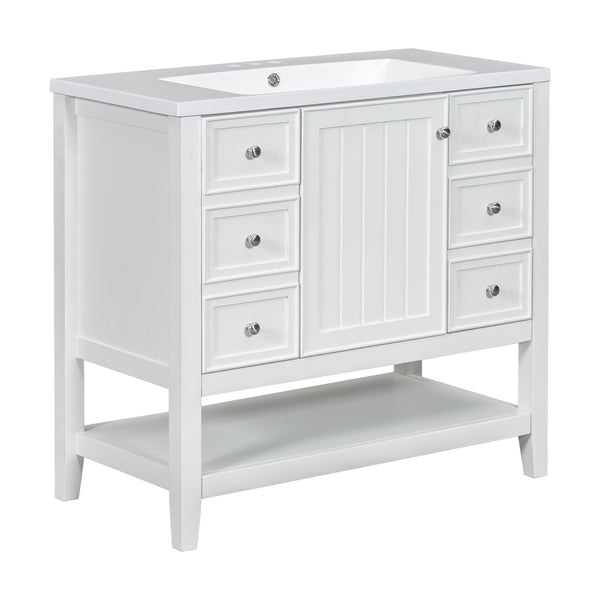 English Elm 36" Bathroom Vanity With Center Sink, Solid Wood & Mdf, 3 Drawers, Elegant White Finish, Modern Style N725P246500K