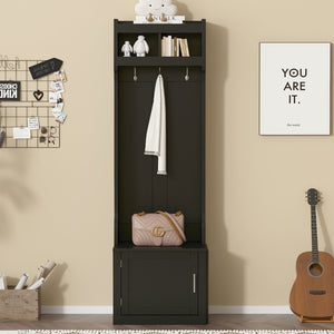 English Elm On-trend Slim Hall Tree Entryway Bench with Cabinet Six Hooks Matte Foyer Storage Black N721P249243B