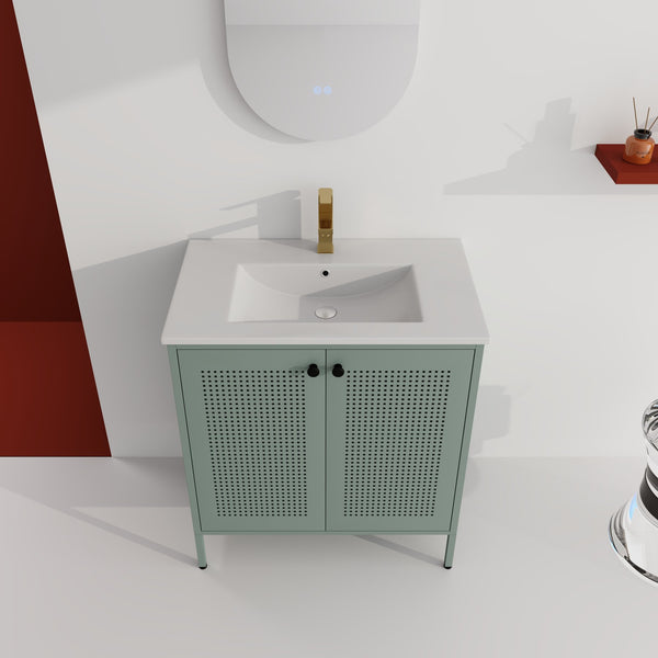 English Elm 30 Inch Freestanding Bathroom Vanity With Durable Ceramic Sink And Adjustable Shelving For Storage W999S00124