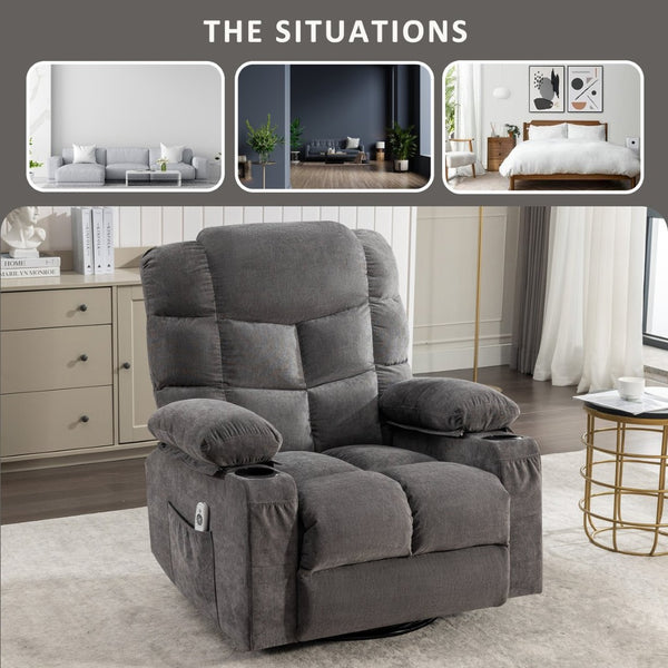English Elm Massage Rocker Recliner Oversized Chair with Heat Vibration Usb Port and Storage Pockets Grey W1807S00010