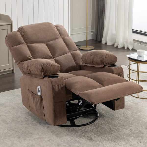English Elm Massage Rocker Recliner Oversized Chair with Heat Vibration Usb Port and Storage Pockets Brown W1807S00011