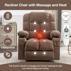 English Elm Massage Rocker Recliner Oversized Chair with Heat Vibration Usb Port and Storage Pockets Brown W1807S00011