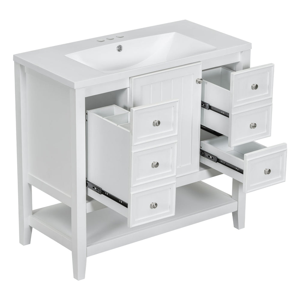English Elm 36" Bathroom Vanity With Center Sink, Solid Wood & Mdf, 3 Drawers, Elegant White Finish, Modern Style N725P246500K