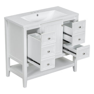 English Elm 36" Bathroom Vanity With Center Sink, Solid Wood & Mdf, 3 Drawers, Elegant White Finish, Modern Style N725P246500K