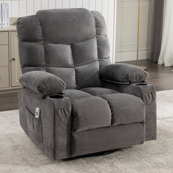 English Elm Massage Rocker Recliner Oversized Chair with Heat Vibration Usb Port and Storage Pockets Grey W1807S00010