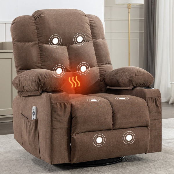 English Elm Massage Rocker Recliner Oversized Chair with Heat Vibration Usb Port and Storage Pockets Brown W1807S00011