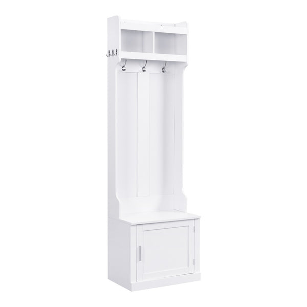 English Elm On-trend Slim Hall Tree Entryway Bench with Cabinet Six Hooks Matte Foyer Storage White N721P249243K