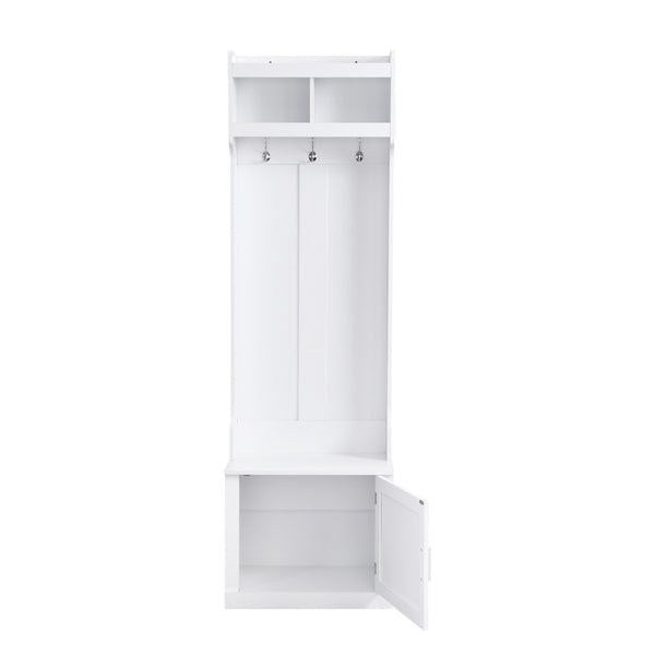 English Elm On-trend Slim Hall Tree Entryway Bench with Cabinet Six Hooks Matte Foyer Storage White N721P249243K