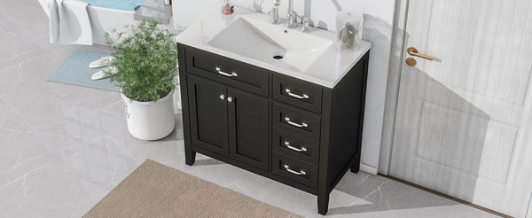English Elm 36" Freestanding Bathroom Vanity Solid Rubberwood Cabinet with Ceramic Sink and Three Drawers Black JL000007AAB-6