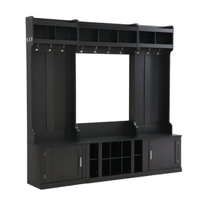English Elm On-trend Modular Entryway Hall Tree with Hooks Shoe Cubbies Bench and Shelves Black N721S000025B