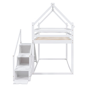 English Elm Twin House Loft Bunk Bed with Slide, Staircase & Climbing Ramp — Space-Saving Pine Frame for Kids (97) White GX000717AAK