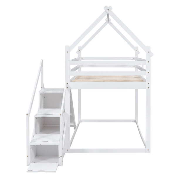 English Elm Twin House Loft Bunk Bed with Slide, Staircase & Climbing Ramp — Space-Saving Pine Frame for Kids (97) White GX000717AAK