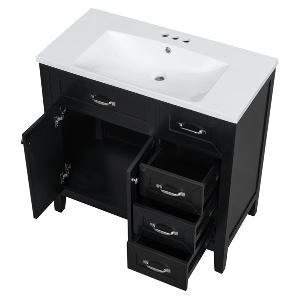 English Elm 36" Freestanding Bathroom Vanity Solid Rubberwood Cabinet with Ceramic Sink and Three Drawers Black JL000007AAB-6