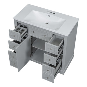 English Elm 36" Modern Bathroom Vanity with Ceramic Sink, Solid Wood & MDF Build, Six Drawers + Cabinet, Durable Finish and Adjustable Shelf for Organized Storage Grey SY999404AAE-6
