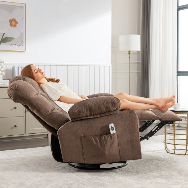 English Elm Massage Rocker Recliner Oversized Chair with Heat Vibration Usb Port and Storage Pockets Brown W1807S00011