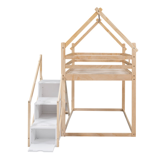 English Elm Twin House Loft Bunk Bed with Slide, Staircase & Climbing Ramp — Space-Saving Pine Frame for Kids (97) Natural GX000717AAN