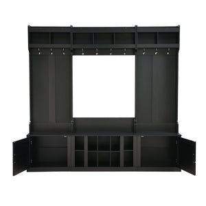English Elm On-trend Modular Entryway Hall Tree with Hooks Shoe Cubbies Bench and Shelves Black N721S000025B