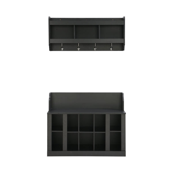 English Elm On-trend Matte Black Entryway Bench with Wall Cabinet Ten Compartments Four Hooks WF313576AAB