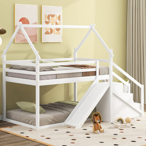 English Elm Twin House Loft Bunk Bed with Slide, Staircase & Climbing Ramp — Space-Saving Pine Frame for Kids (97) White GX000717AAK