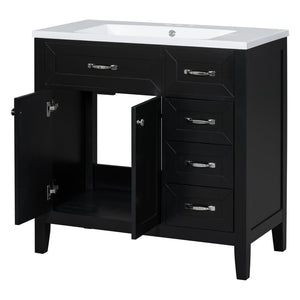 English Elm 36" Freestanding Bathroom Vanity Solid Rubberwood Cabinet with Ceramic Sink and Three Drawers Black JL000007AAB-6