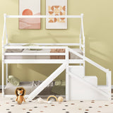 Hearth and Haven Borahmia Twin over Twin House Bunk Bed with Slide and Staircase, White