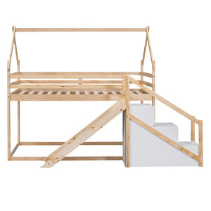 English Elm Twin House Loft Bunk Bed with Slide, Staircase & Climbing Ramp — Space-Saving Pine Frame for Kids (97) Natural GX000717AAN