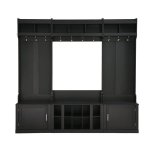 English Elm On-trend Modular Entryway Hall Tree with Hooks Shoe Cubbies Bench and Shelves Black N721S000025B
