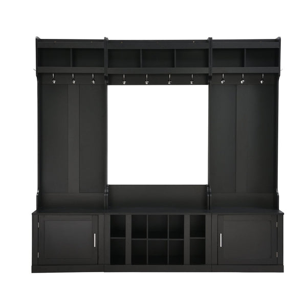 English Elm On-trend Modular Entryway Hall Tree with Hooks Shoe Cubbies Bench and Shelves Black N721S000025B