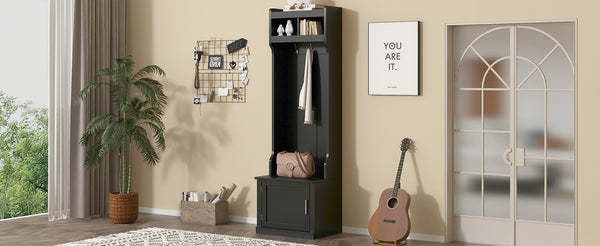 English Elm On-trend Slim Hall Tree Entryway Bench with Cabinet Six Hooks Matte Foyer Storage Black N721P249243B