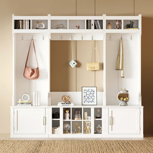 English Elm On-trend Modular Entryway Hall Tree with Hooks Shoe Cubbies Bench and Shelves White N721S000025K