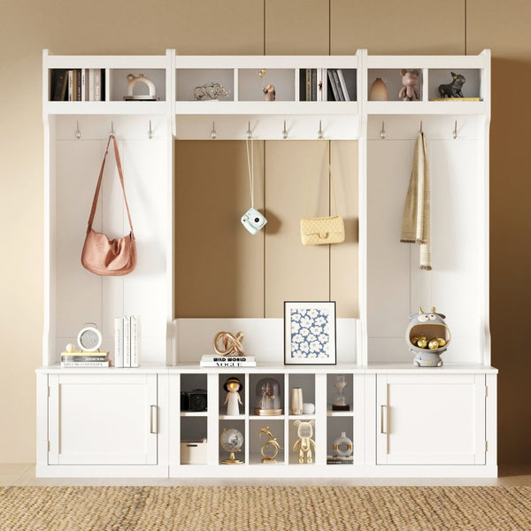 English Elm On-trend Modular Entryway Hall Tree with Hooks Shoe Cubbies Bench and Shelves White N721S000025K