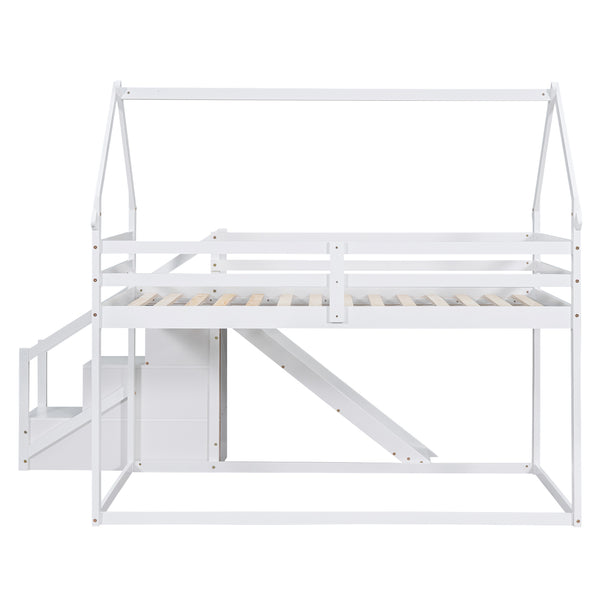 English Elm Twin House Loft Bunk Bed with Slide, Staircase & Climbing Ramp — Space-Saving Pine Frame for Kids (97) White GX000717AAK