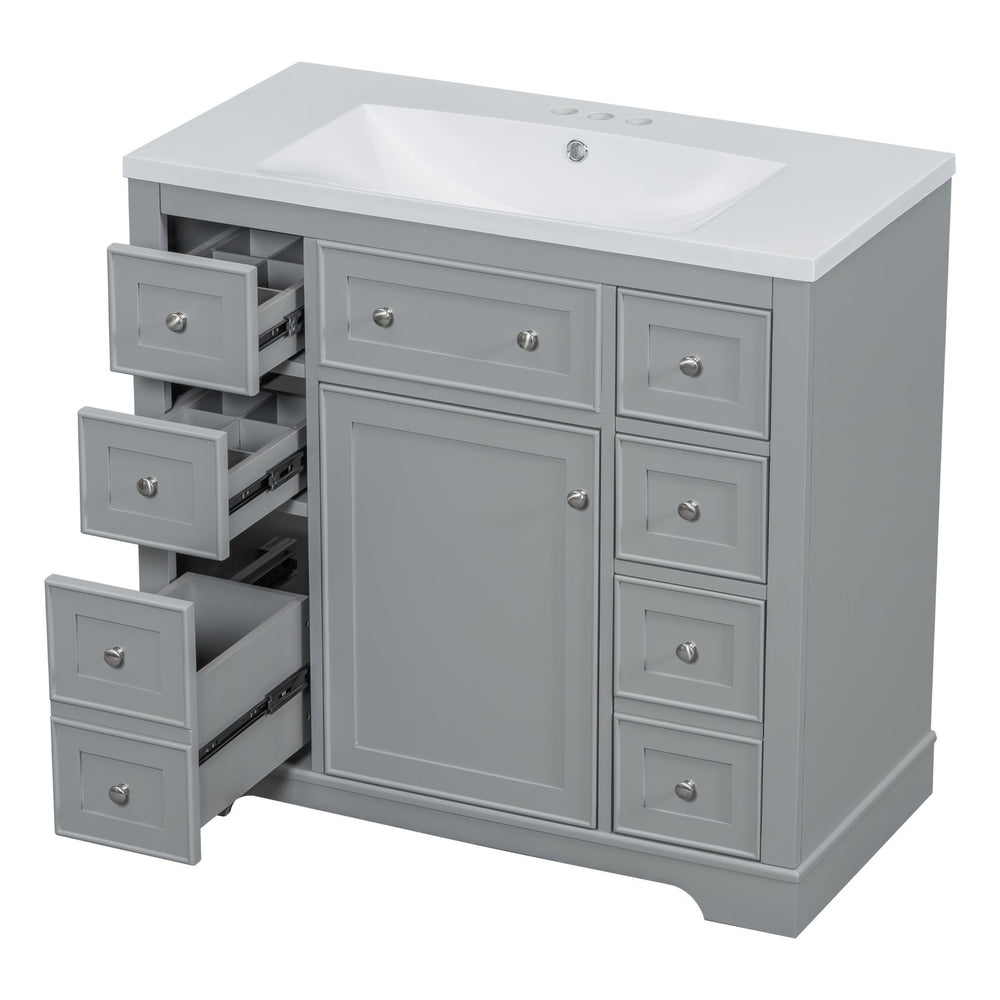 English Elm 36" Modern Bathroom Vanity with Ceramic Sink, Solid Wood & MDF Build, Six Drawers + Cabinet, Durable Finish and Adjustable Shelf for Organized Storage Grey SY999404AAE-6
