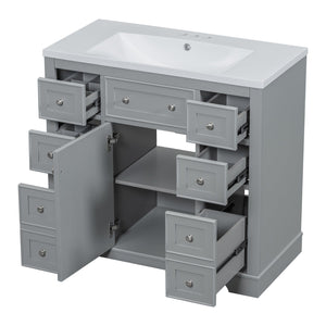 English Elm 36" Modern Bathroom Vanity with Ceramic Sink, Solid Wood & MDF Build, Six Drawers + Cabinet, Durable Finish and Adjustable Shelf for Organized Storage Grey SY999404AAE-6