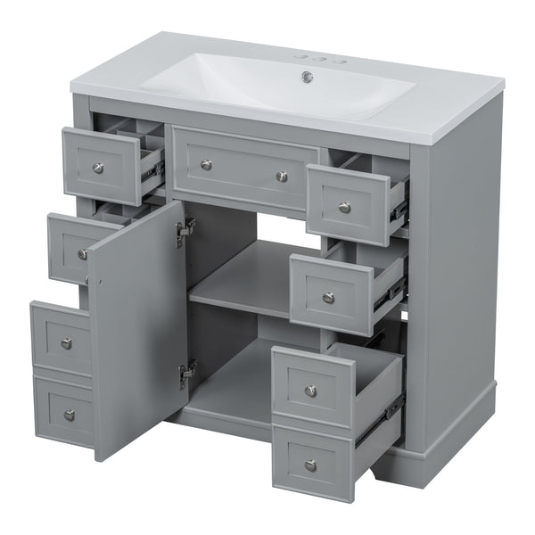 English Elm 36" Modern Bathroom Vanity with Ceramic Sink, Solid Wood & MDF Build, Six Drawers + Cabinet, Durable Finish and Adjustable Shelf for Organized Storage Grey SY999404AAE-6