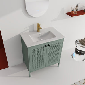 English Elm 30 Inch Freestanding Bathroom Vanity With Durable Ceramic Sink And Adjustable Shelving For Storage W999S00124