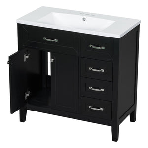 English Elm 36" Freestanding Bathroom Vanity Solid Rubberwood Cabinet with Ceramic Sink and Three Drawers Black JL000007AAB-6