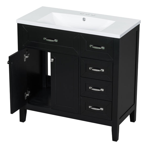 English Elm 36" Freestanding Bathroom Vanity Solid Rubberwood Cabinet with Ceramic Sink and Three Drawers Black JL000007AAB-6