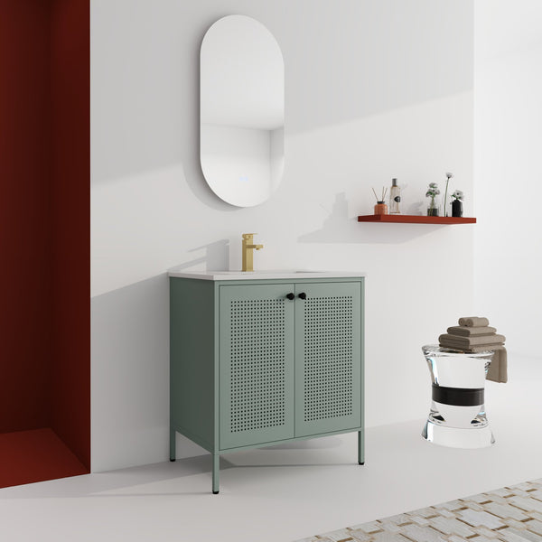 English Elm 30 Inch Freestanding Bathroom Vanity With Durable Ceramic Sink And Adjustable Shelving For Storage W999S00124
