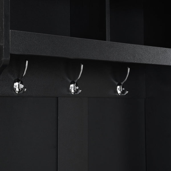 English Elm On-trend Slim Hall Tree Entryway Bench with Cabinet Six Hooks Matte Foyer Storage Black N721P249243B