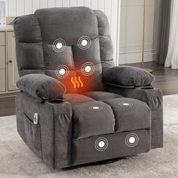English Elm Massage Rocker Recliner Oversized Chair with Heat Vibration Usb Port and Storage Pockets Grey W1807S00010